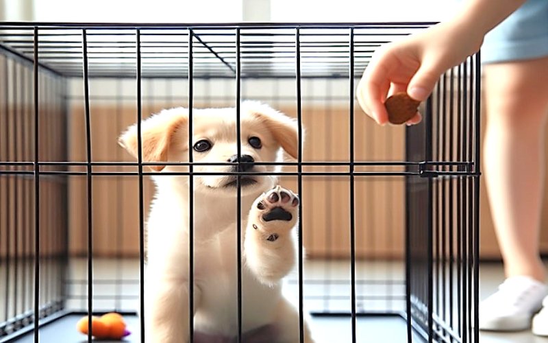 white puppy being fed inside the cage